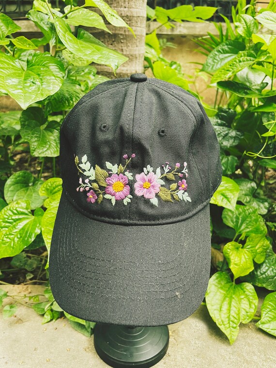 Floral Embroidered Black Hat New Era Cap Flower Embroidery Black Denim 9TWENTY Adjustable Hat main image 2