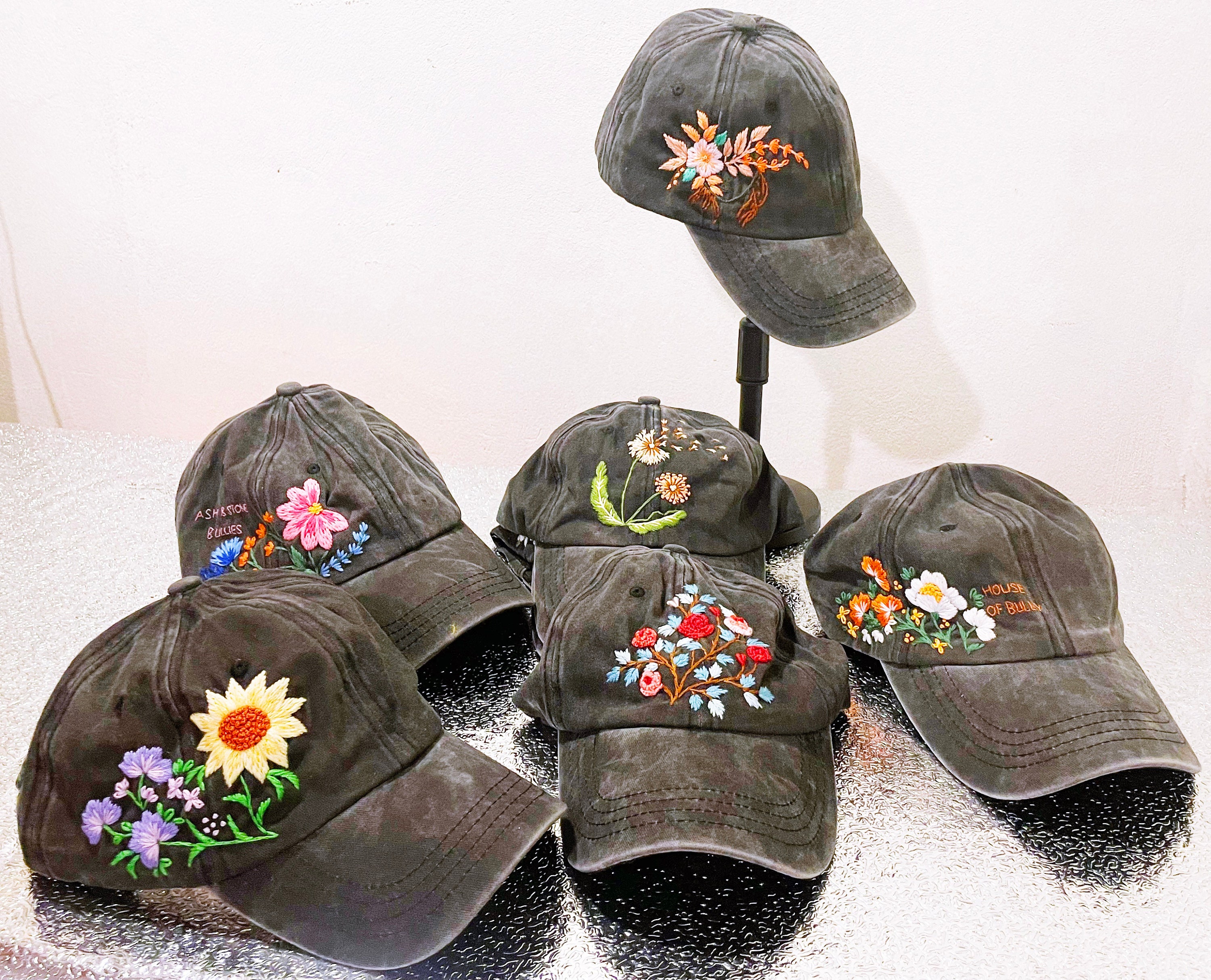 Hand Embroidered Black Cap, Custom Floral Cap, Red Poppy