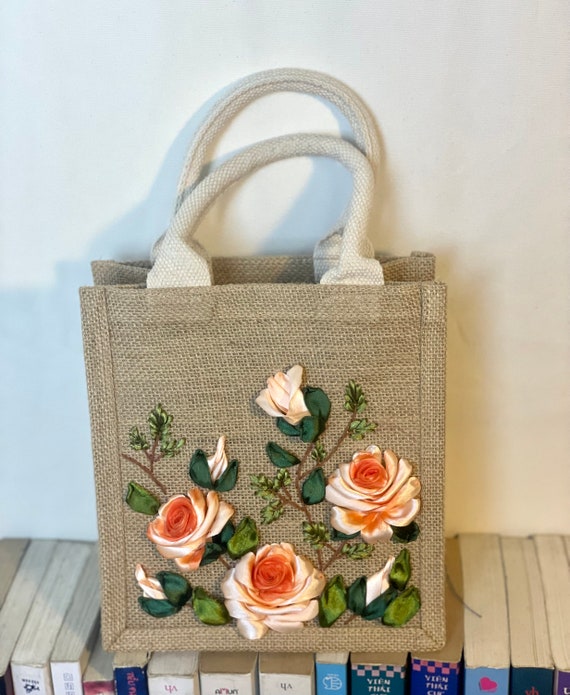 Ribbon Embroidery Jute Tote Bag | Roses Embroidered Jute  display picture 3