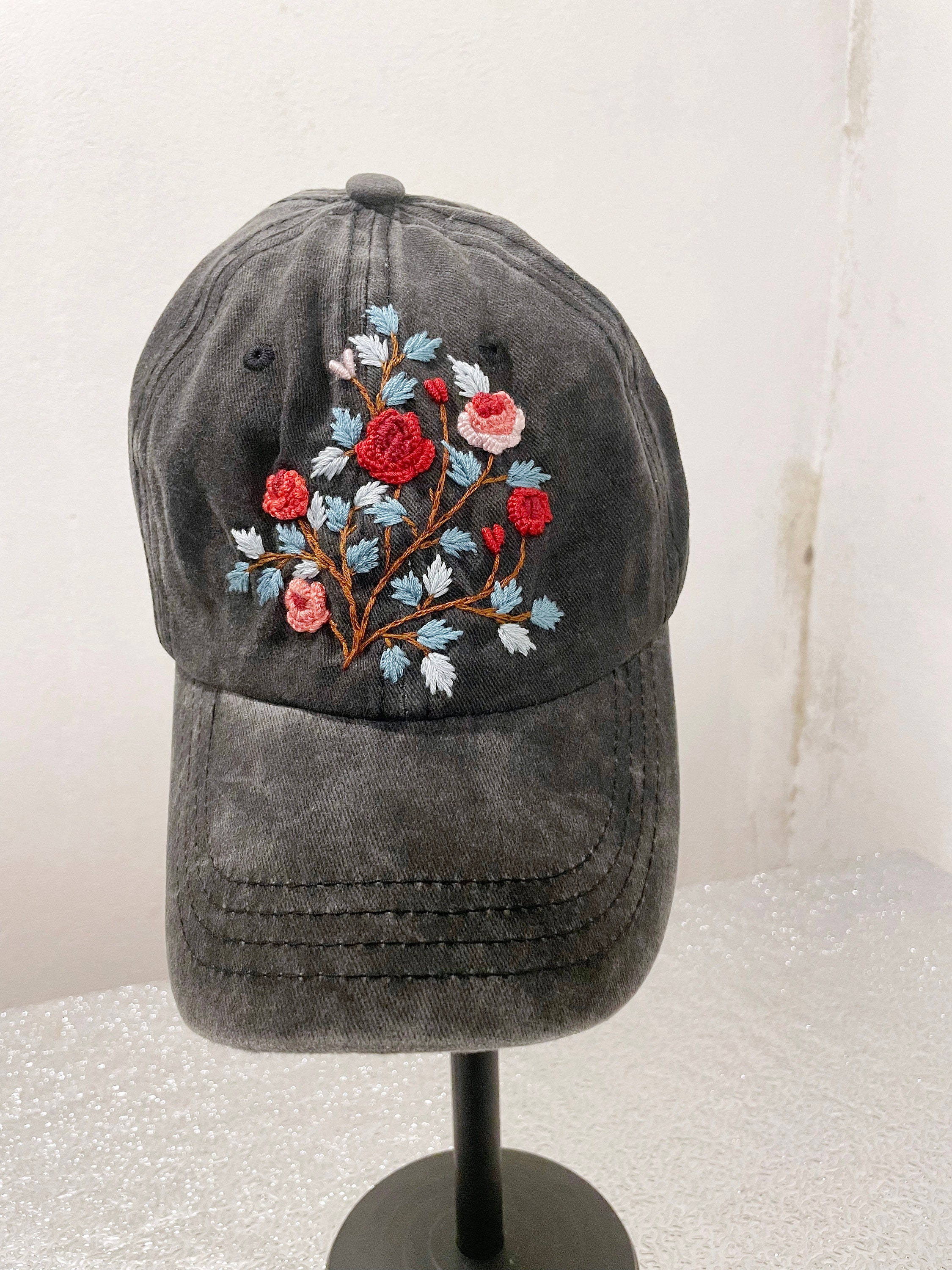 Flower Embroidery Women Baseball Cap, Hand Stitched Hat With