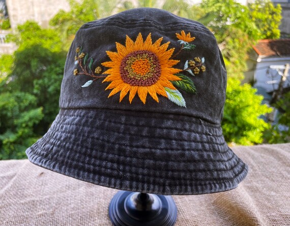 Floral Embroidery Bucket Hat | Black Bucket Hat | Women Hat