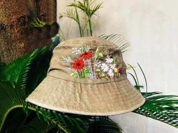 Floral Embroidery Bucket Hat, Yellow Bucket Hat, Gifts for Her