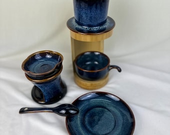 Fullset Ceramic Coffee Filter ,  Ceramic Coffee Dripper Pour Over Set / Ceramic Coffee Set with Mug, spoon and Bamboo frame