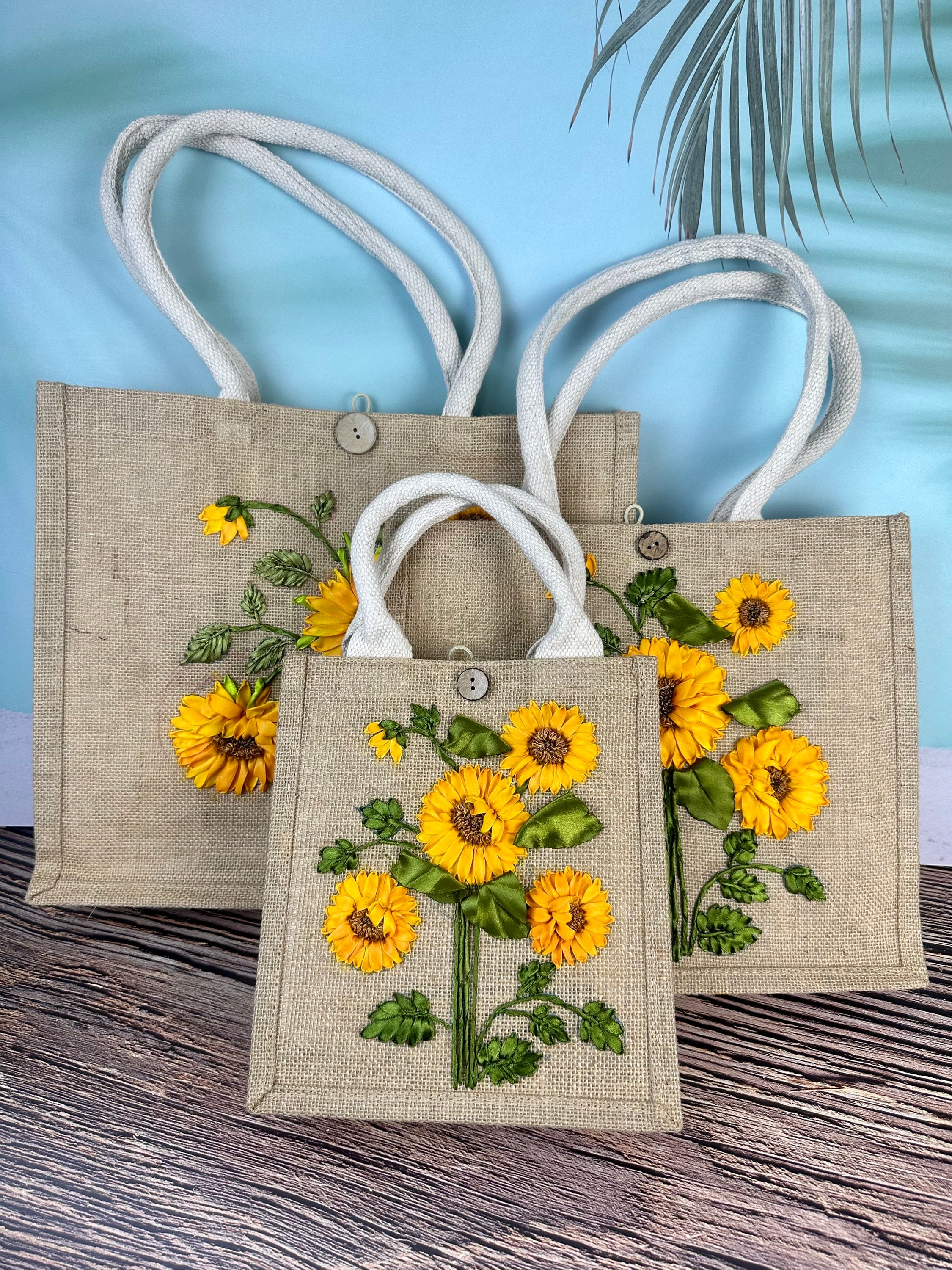 Sunflower Ribbon Embroidery Jute Tote Bag | Roses Embroidered Jute