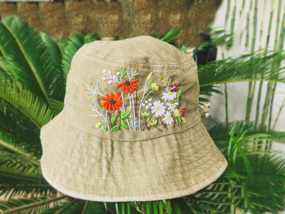 Floral Embroidery Bucket Hat, Yellow Bucket Hat, Gifts for