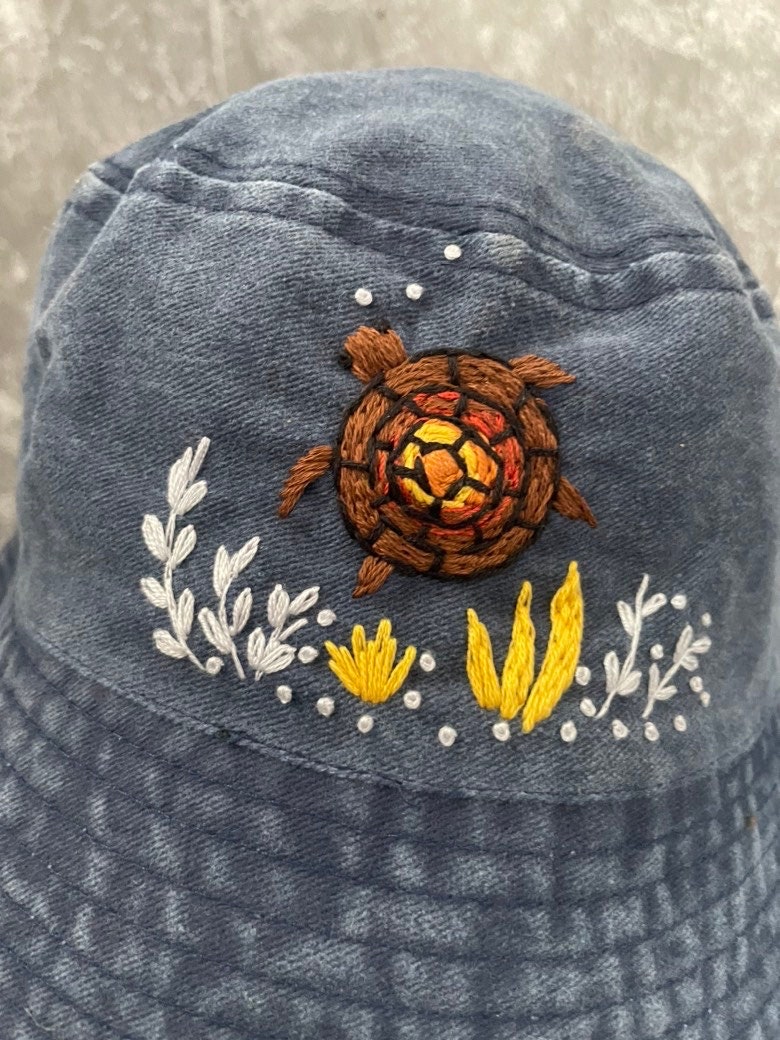 Turtle Embroidery Denim Bucket Hat Black Denim Bucket Hat Women