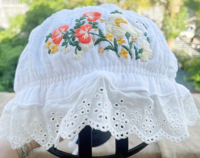 Floral embroidery baby hat | Floral embroidery bonnets | Floral embroidery baby cap | Embroidery cotton baby hat.