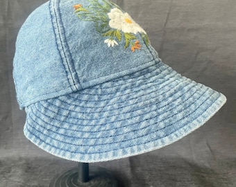 Embroidery Denim Bucket Hat, Floral Embroidered Bucket Hat  display picture 1