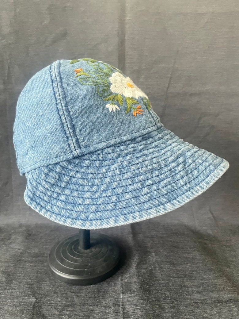 Denim Bucket Hat with Cream Rosette Embellishments Embroidery Denim Bucket Hat, Floral Embroidered Bucket Hat  main image 3
