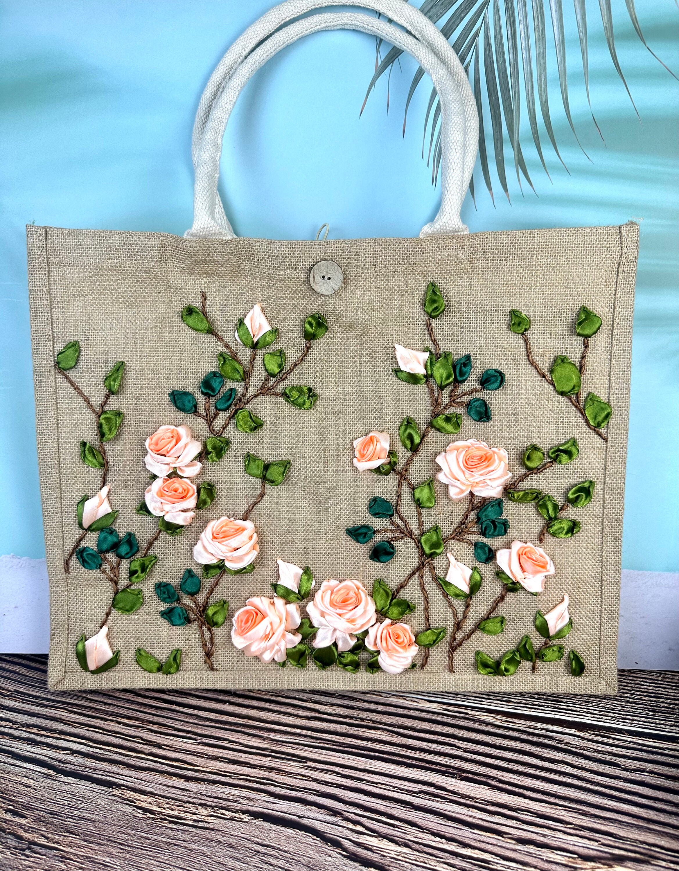 Light Pink Roses Ribbon Embroidery Jute Tote Bag Roses Embroidered Jute Tote Bag Floral Laptop Bag Summer Tote Bag Set of Unique Bag