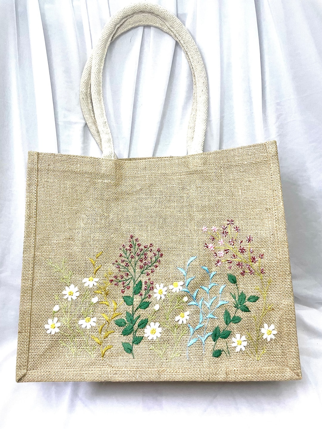 Embroidery Jute Tote Bag Embroidery Daisy Jute Tote Bag embroidery