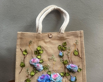 Flower Tote Bag Handmade Blue, Floral Everyday Bag, Garden Lover Gift, Women's Shopping Tote, Nature Inspired Shoulder Bag