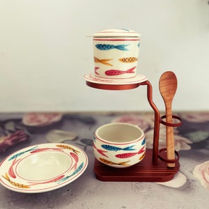 Full Set Ceramic Coffee Filter | Ceramic Coffee Dripper Pour Over Set | Hand Drawing Ceramic Coffee Set with Mug Wooden Spoon & Frame