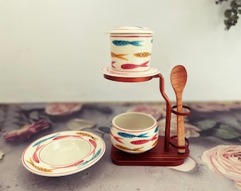 Full Set Ceramic Coffee Filter | Ceramic Coffee Dripper Pour Over Set | Hand Drawing Ceramic Coffee Set with Mug Wooden Spoon & Frame