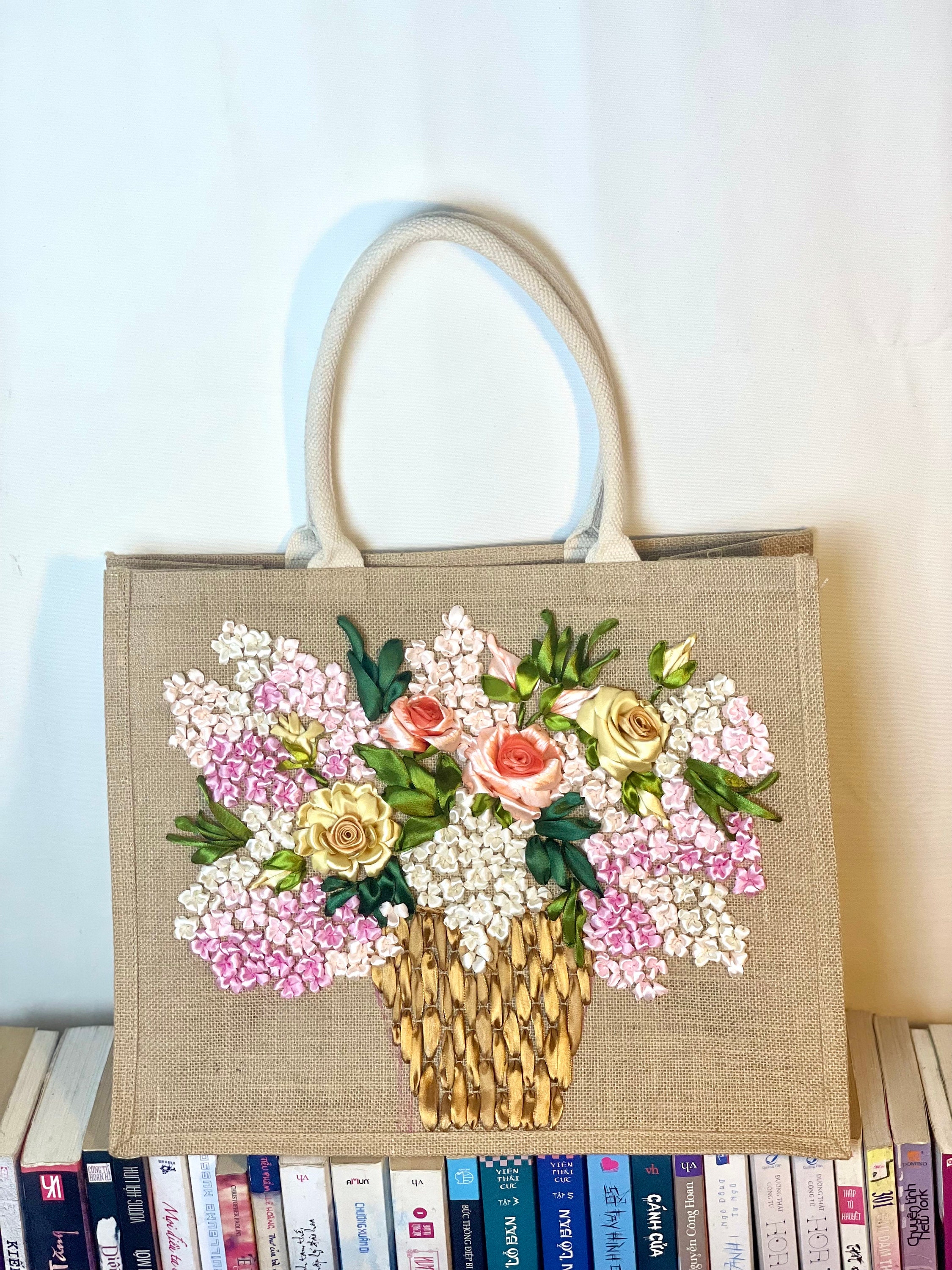 Roses Ribbon Embroidery Large Jute Tote Bag | Ribbon