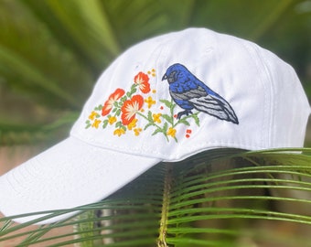 鳥の刺繍入りキャップ、カスタム刺繍入り帽子、手刺繍入りタンポポの