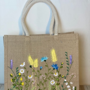 Floral Embroidery jute tote bag | Ribbon Daisy Embroidered tote bag | Floral laptop bag, Summer bag | personalized gifts  | gifts for her