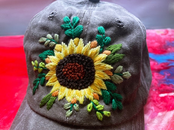 Sunflower Embroidered Cap, Custom Hand Embroidery Cap