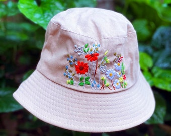 Floral Embroidery Bucket Hat, Yellow Bucket Hat, Gifts for