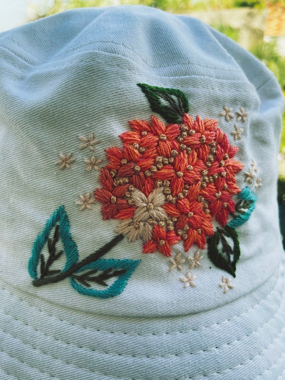 Floral Embroidered Hat with Red and Green Accents Rose Embroidered Cap, Custom Embroidery Cap, Floral  main image 2