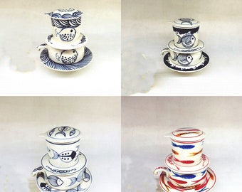Handmade Ceramic Coffee Filter / Ceramic Coffee Dripper Pour Over Set / Hand Drawing Ceramic Coffee Set with Mug / Home  Interior Décor.