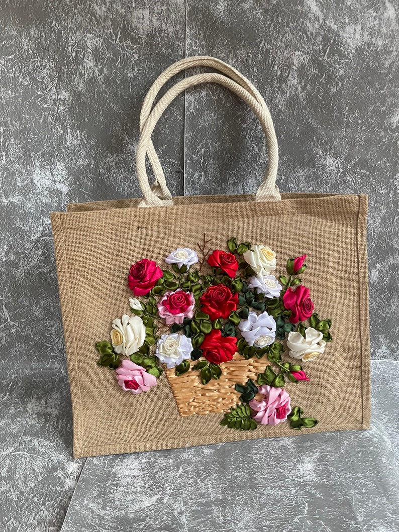 Roses Ribbon Embroidery Large Jute Tote Bag | Ribbon Embroidery Roses ...