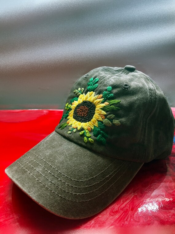 Sunflower Embroidered Cap, Custom Hand Embroidery Cap