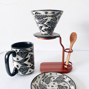 Full Set Ceramic Coffee Filter / Ceramic Coffee Dripper Pour Over Set | Hand-Carved Ceramic Coffee Set with Mug, Spoon & Frame / Home Décor.