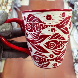 Hand Carved Ceramic Mug | Fish Carved Ceramic Mug Handmade | Serving Tableware Kitchenware Home Décor | Tea Mug Handmade