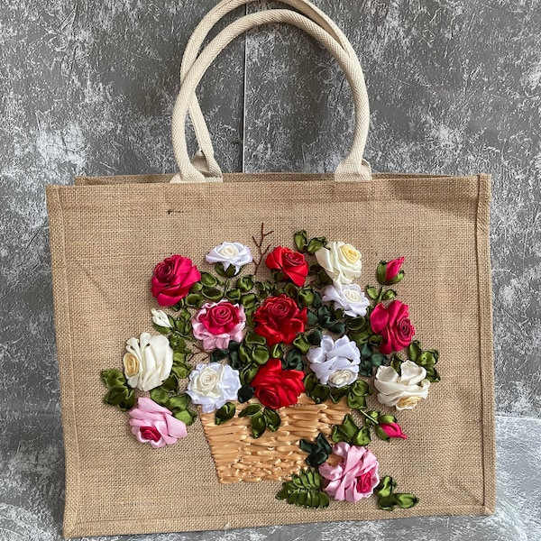 Rosenband-Stickerei Große Jute-Einkaufstasche | Band-Stickerei-Rosen-Jute-Einkaufstasche | Rosen-Blumen-Einkaufstasche | Geschenk für Mama | Große Einkaufstasche