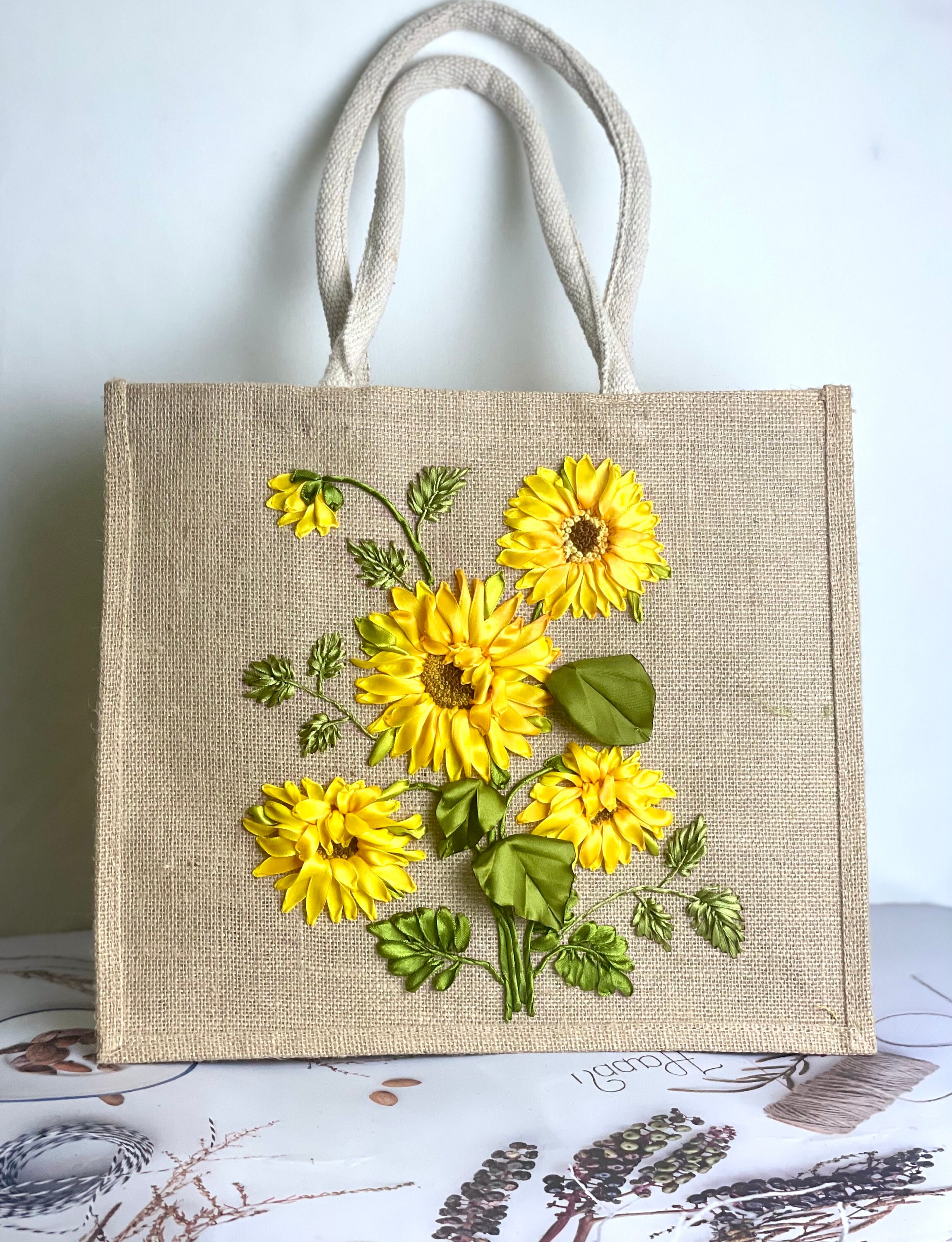 Hand Embroidered Burlap Bag, Flower Garden Jute Bag, Cute