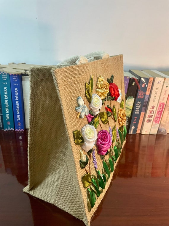 Ribbon Embroidery Jute Tote Bag | Roses Embroidered Jute  display picture 3