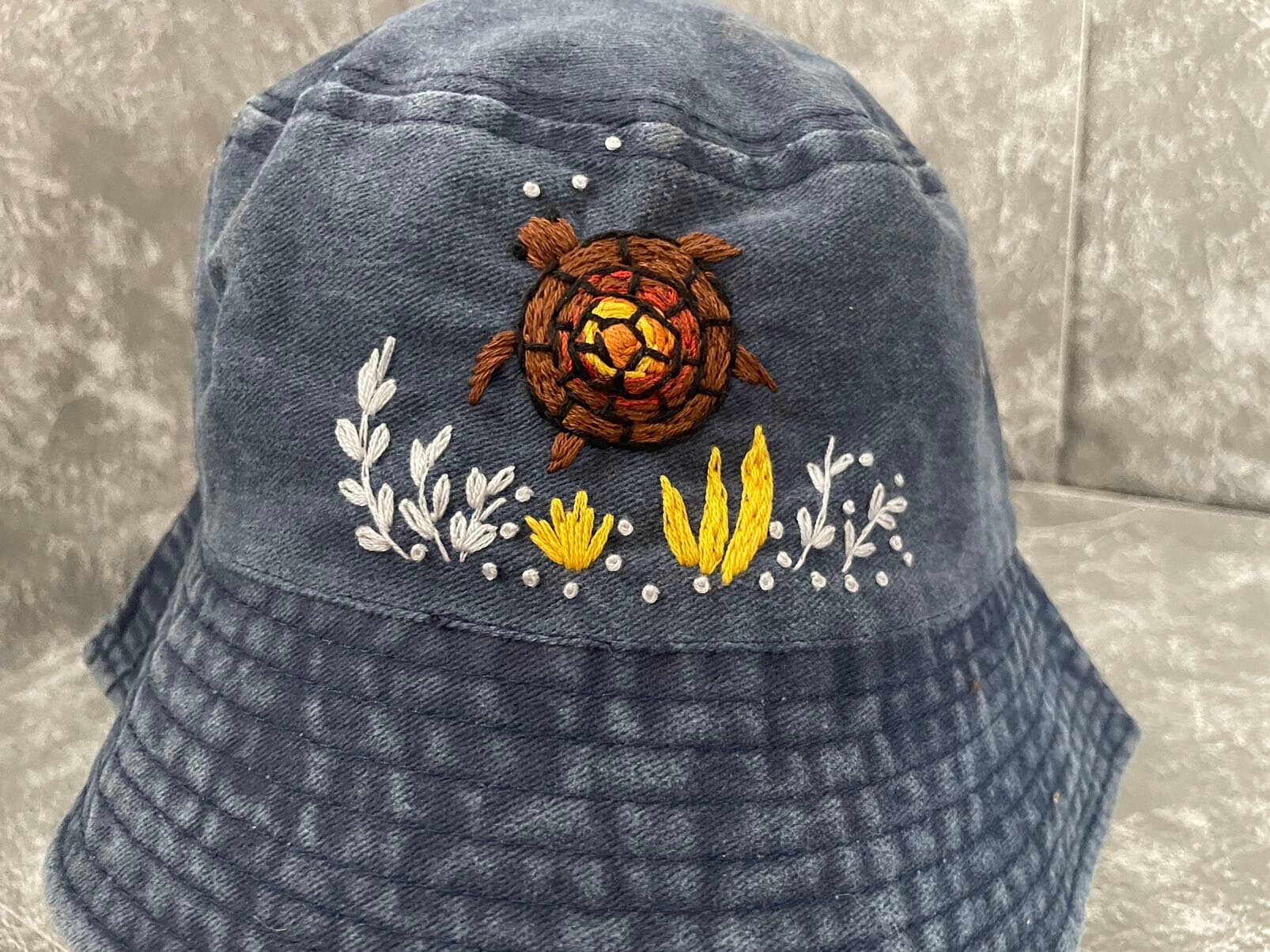 Turtle Embroidery Denim Bucket Hat Black Denim Bucket Hat Women