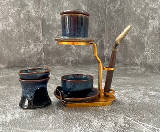 Fullset Ceramic Coffee Filter ,  Ceramic Coffee Dripper Pour Over Set / Hand Drawing Ceramic Coffee Set with Mug, spoon and metal frame