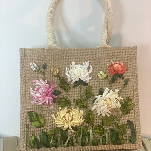 Ribbon Embroidery jute tote bag | Embroidery Chamo jute tote bag | Floral jute tote bag | bridemaid gifts | gifts for mom | gifts for her