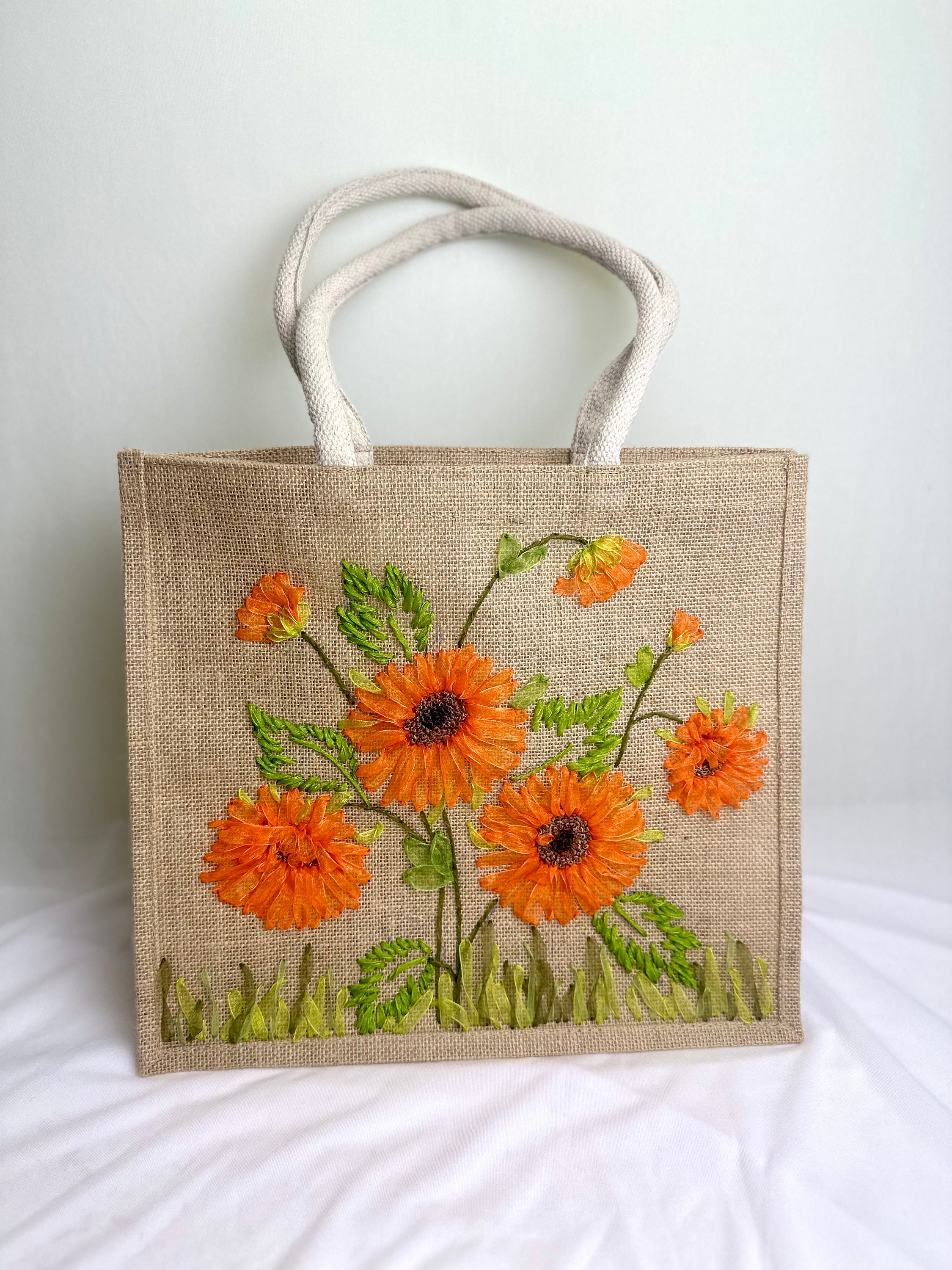ひまわりリボン刺繍ジュートトートバッグ | バラ刺繍ジュートトート 