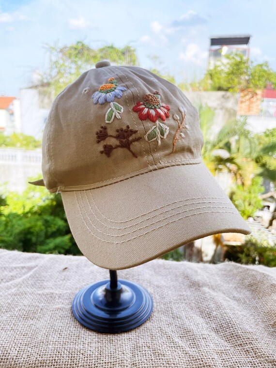 Embroidered Tan Hat with Floral Design Hand-embroidered Wildflower Khaki Baseball Cap, Floral  main image 4