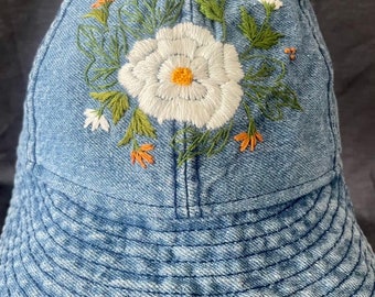 Embroidery Denim Bucket Hat, Floral Embroidered Bucket Hat  display picture 1