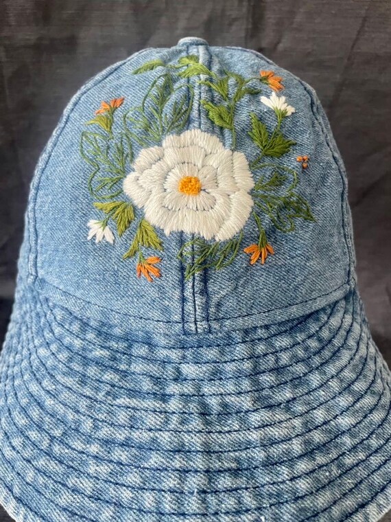 Ivory Floral Dragonfly Frayed Denim Bucket Hat Daly Frayed Denim Bucket Hat – GlamHaulJewelz main image 2