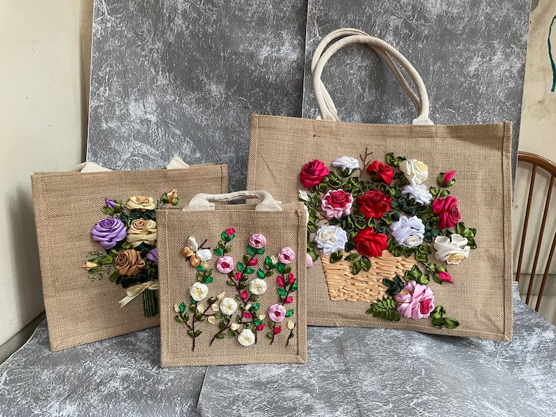 Roses Ribbon Embroidery Large Jute Tote Bag | Ribbon Embroidery Roses ...