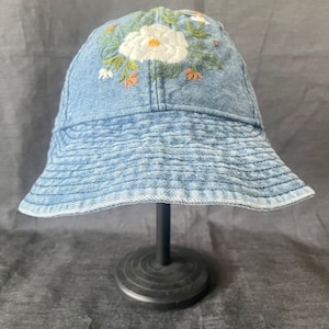 Embroidery Denim bucket hat, Floral Embroidered Bucket Hat, Bucket Hat for Women, Sun Hat for Women Girl, Spring/Summer Bucket Hat