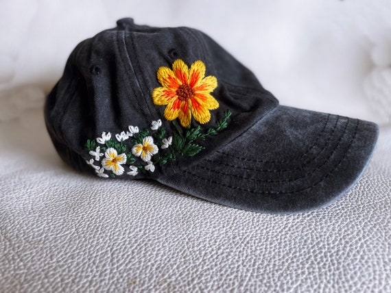 Floral Embroidered Black Cap, Baseball Cap, Custom  display picture 3