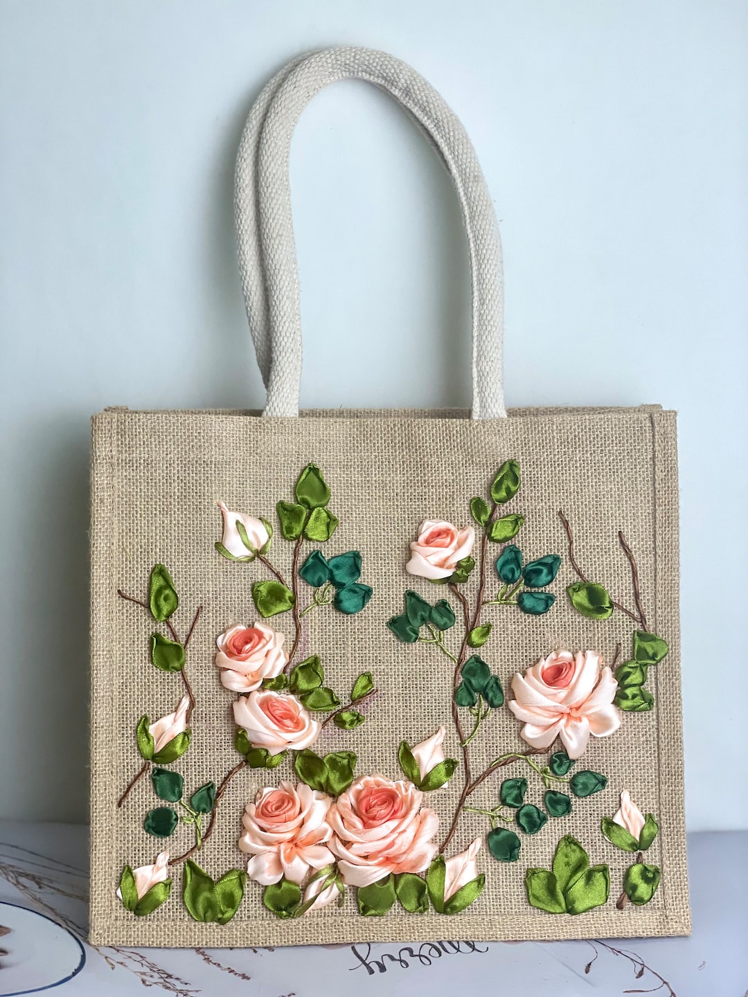 トートバッグ HEEARI [3rd reorder] Lily Ribbon Tote Bag Lily Ribbon Tote B White Linen Tote Bag With Flower Garden Ribbon Embroidery