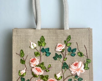 Ribbon Embroidery jute tote bag | Roses Embroidered jute tote bag | Floral laptop bag, Summer bag | personalized gifts  | gifts for her