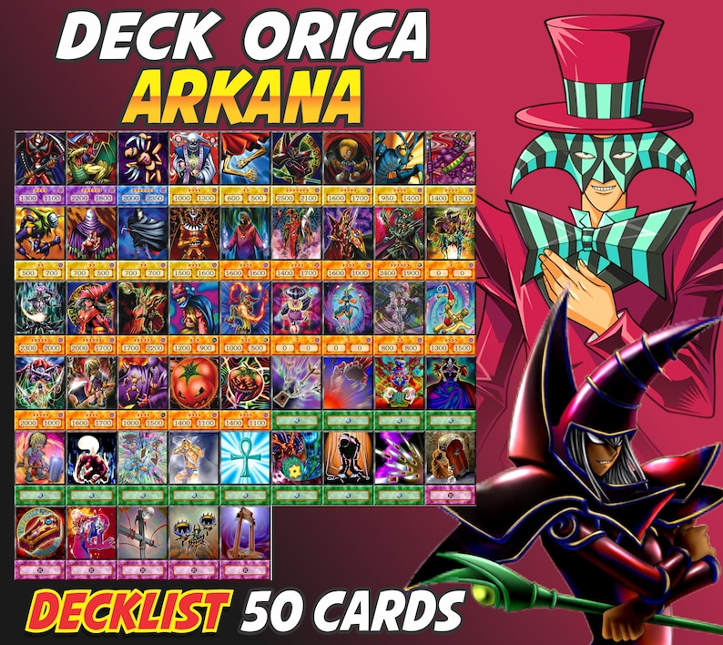 Op de afbeelding: Een verzameling van 50 ruilkaarten getiteld DECK ORICA ARKANA, met een raster van diverse karakter- en spreukkaarten. De afbeelding bevat een grote illustratie van een goochelaar in een rood pak en een Dark Magician-personage.