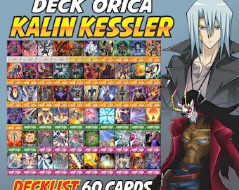 Op de afbeelding: Een set van 60 aangepaste ruilkaarten met de tekst DECK ORICA KALIN KESSLER en DECKLIST 60 CARDS. De afbeelding toont een raster van diverse karakter- en spreukkaarten naast een illustratie van een man met licht haar en een masker.