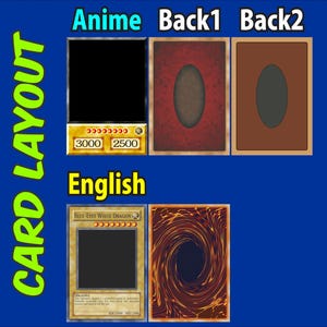 Op de afbeelding: Een kaartlay-out met een Anime-sectie met een lege kaart en twee achterkantontwerpen, en een Engelse sectie met een Blue-Eyes White Dragon-kaart met het klassieke oranje en bruine wervelende achterkantontwerp.