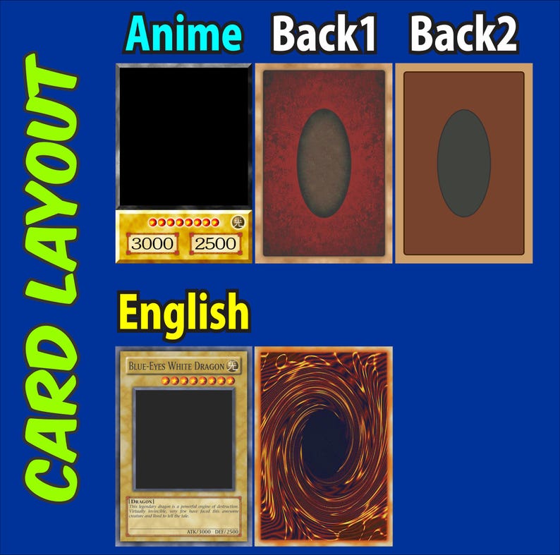 Op de afbeelding: Een kaartlay-out met een Anime-sectie met een lege kaart en twee achterkantontwerpen, en een Engelse sectie met een Blue-Eyes White Dragon-kaart met het klassieke oranje en bruine wervelende achterkantontwerp.