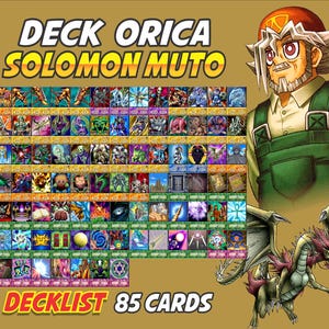 Könnte beinhalten: Eine Sammlung von 85 Sammelkarten mit verschiedenen Fantasy-Kreaturen und -Charakteren. Die Karten sind in Reihen und Spalten angeordnet, mit dem Text "DECK ORICA SOLOMON MUTO" und "DECKLIST 85 CARDS" in gelber und weißer Schrift. Eine Illustration eines Mannes und eines Drachen ist ebenfalls vorhanden.
