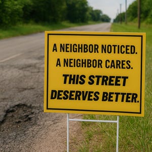 Könnte beinhalten: Ein gelbes Schild mit schwarzem Text: „EIN NACHBAR HAT ES BEMERKT. EIN NACHBAR KÜMMERT SICH. DIESE STRASSE VERDIENT ETWAS BESSERES.“ Das Schild steht auf einem weißen Metallrahmen auf einer Wiese neben einer rissigen Straße.